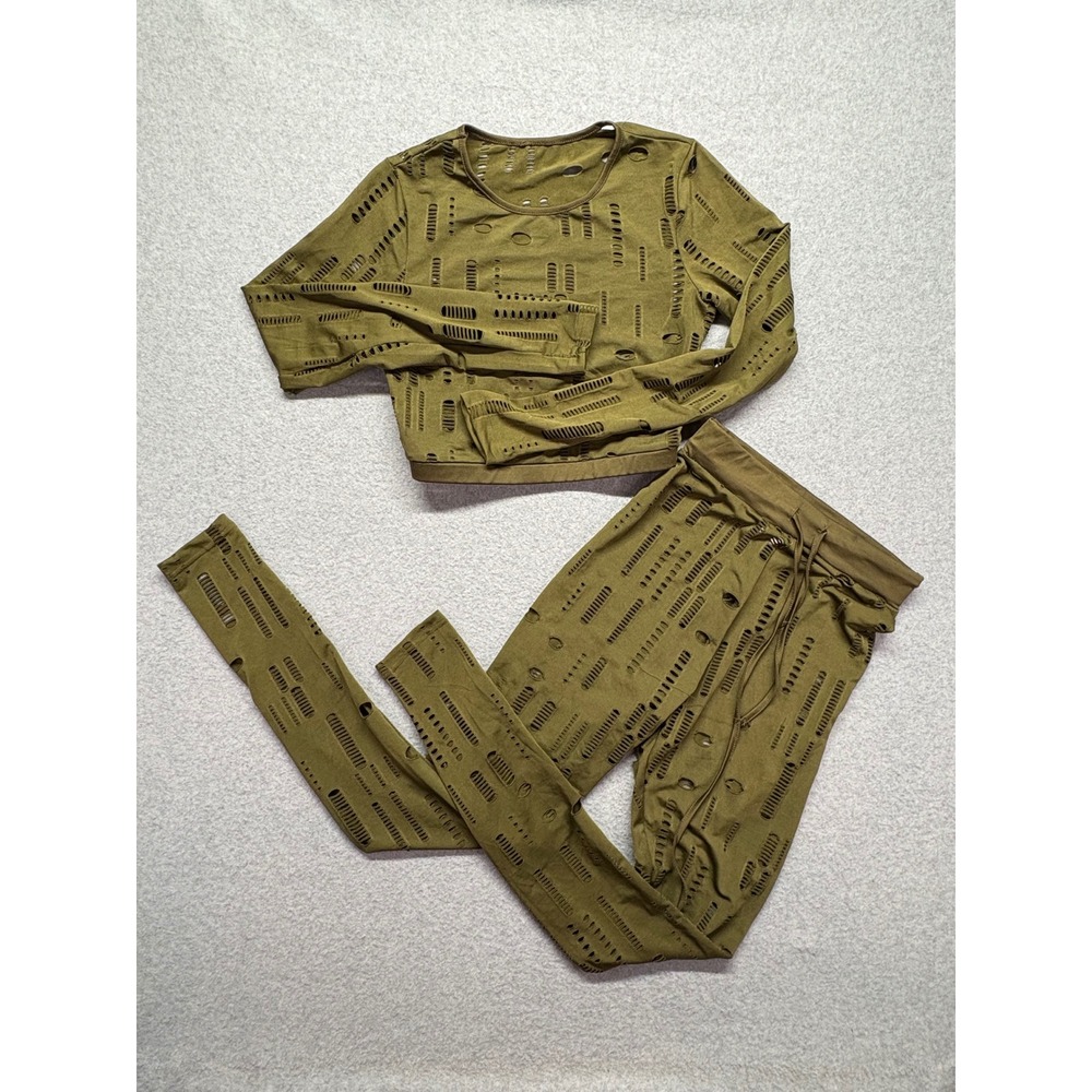 Olive Green Distressed Laser Cut 2 Piece Set Crop Top Leggings Small